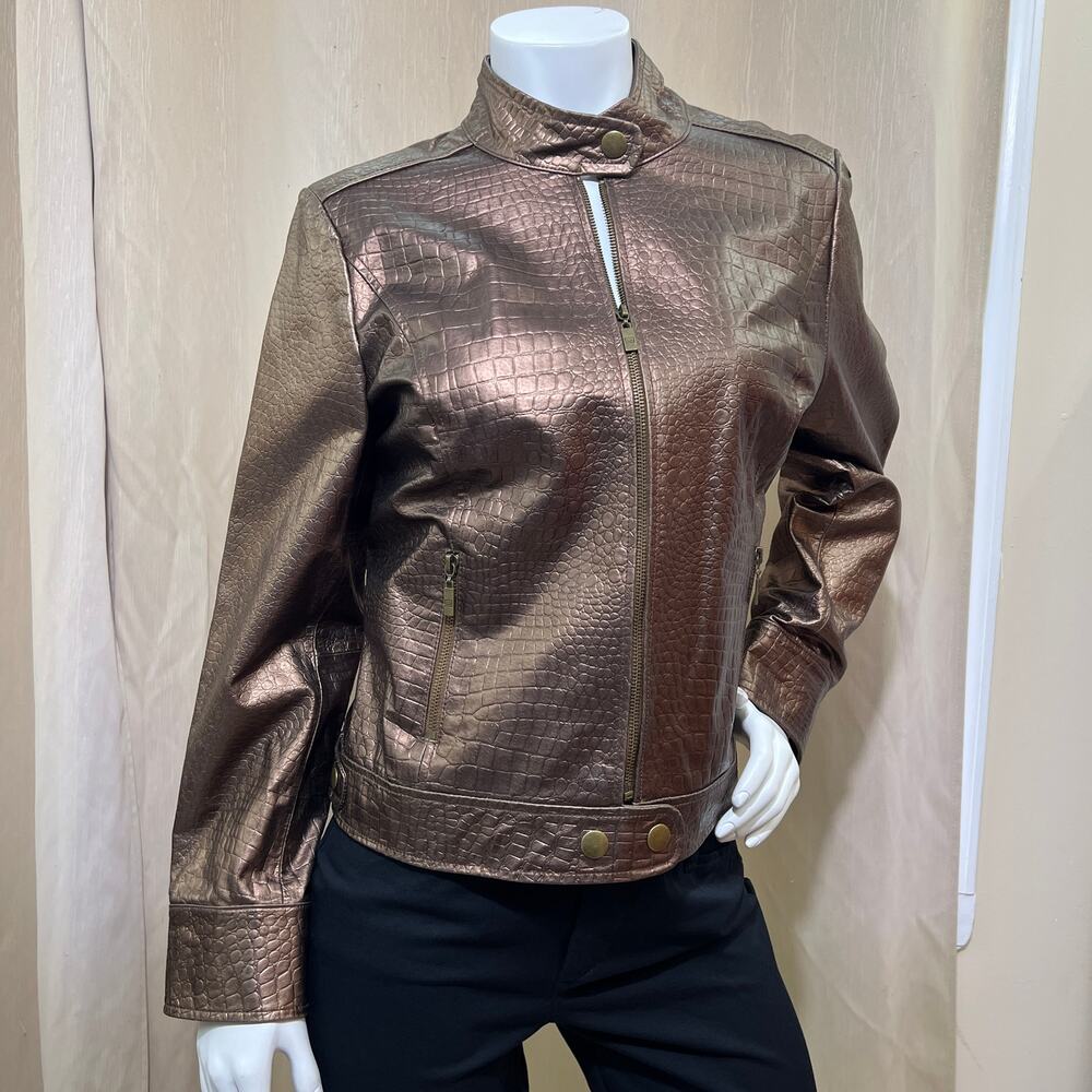 Pamela McCoy Women’s M Brown Croc Embossed Leather Jacket Zip Front Pockets